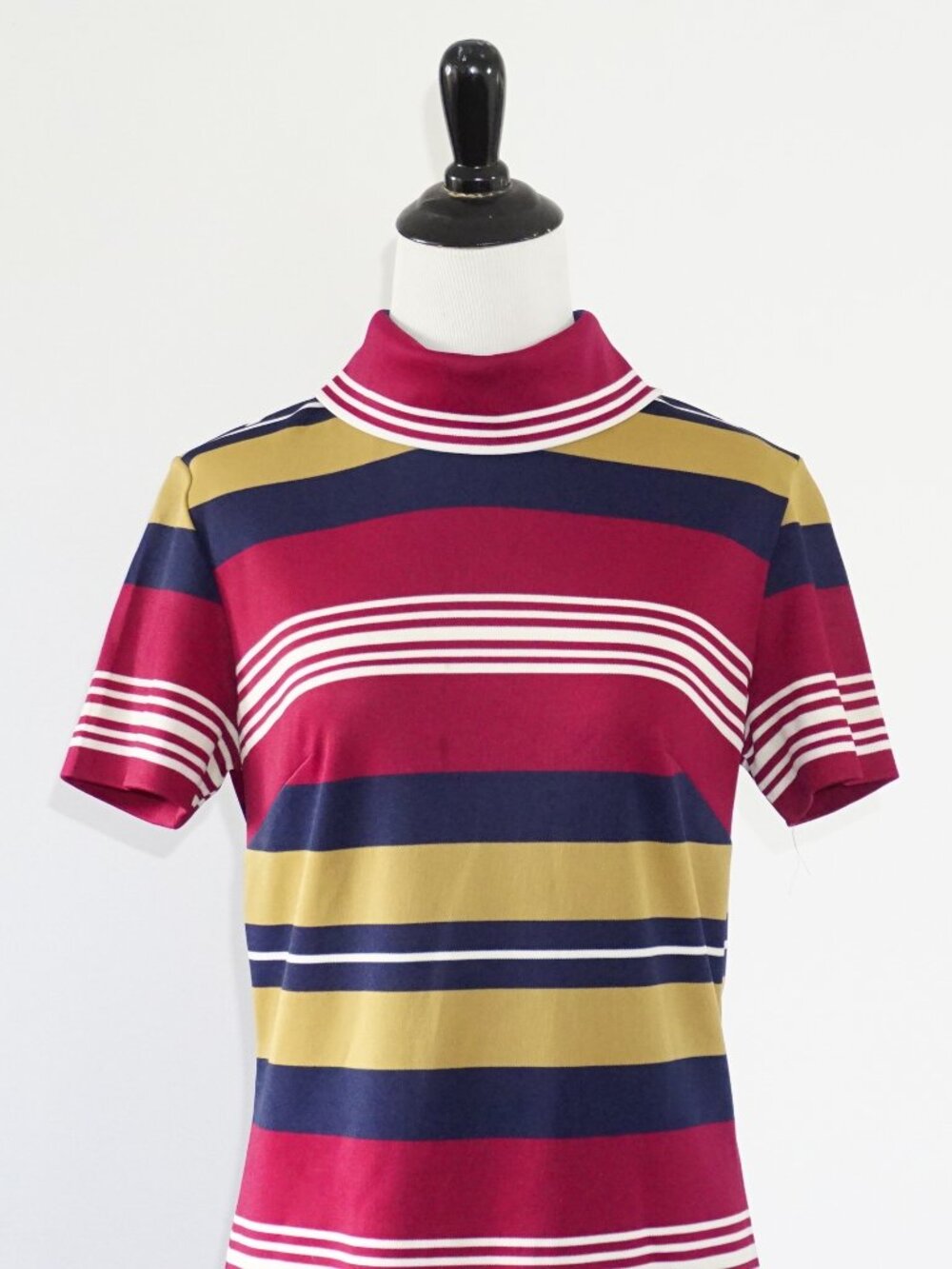Vintage 60s Striped Short Sleeve High Collar A Line Dress S - Picture 2 of 6